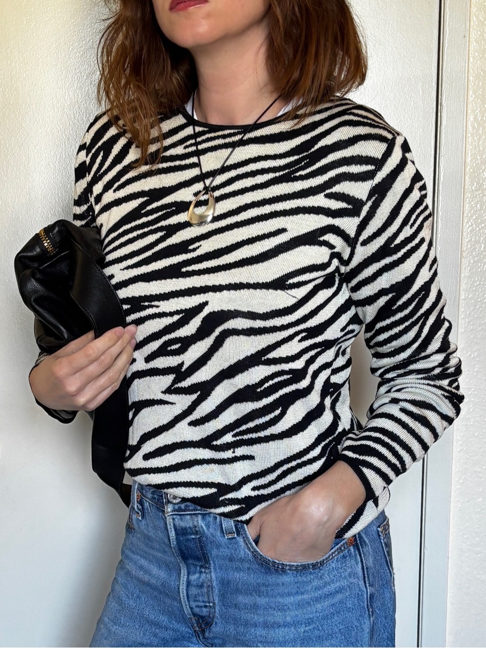 Neiman Marcus Crewneck Zebra Print 100% Silk Sweater